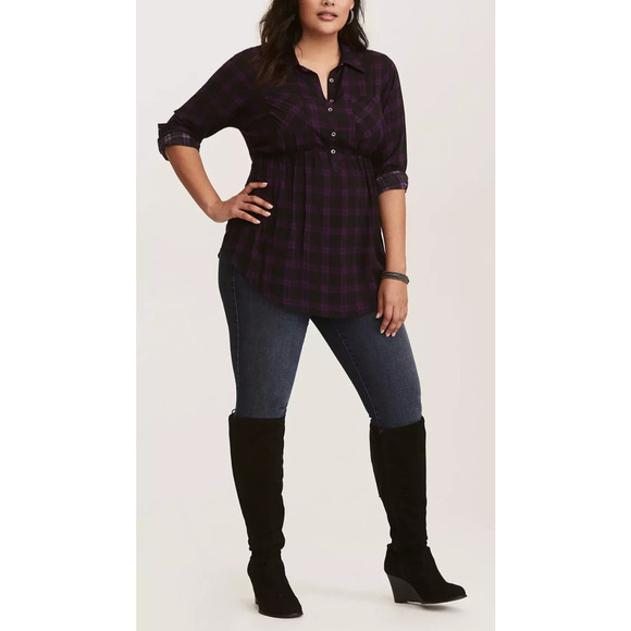 Torrid Emma Plaid Challis Babydoll Tunic Top Purple Black Pocket Plus Size 4 4X - Picture 12 of 12